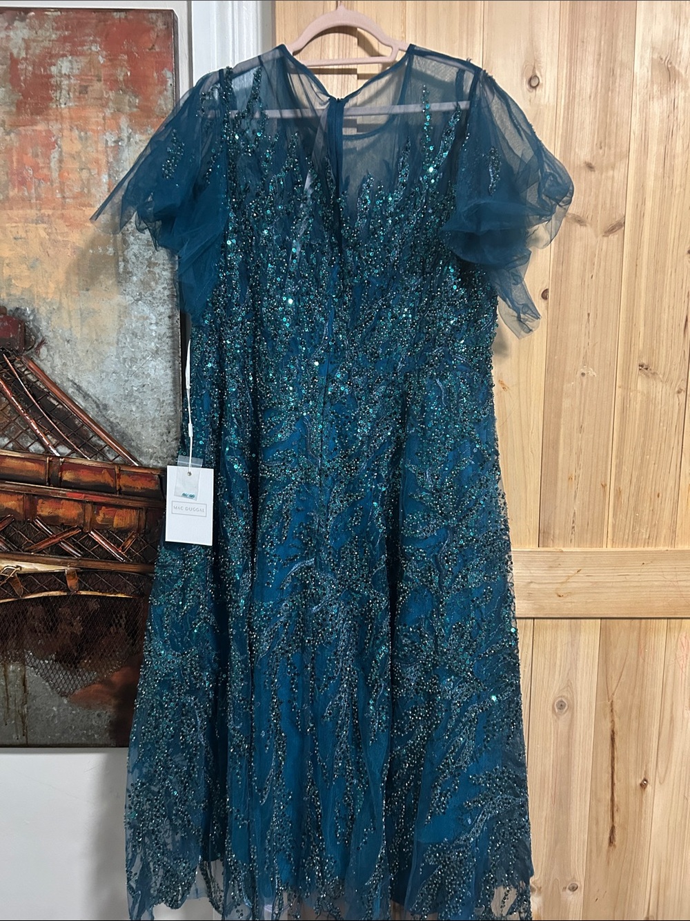 Mac Duggal Teal Beaded Midi Dress